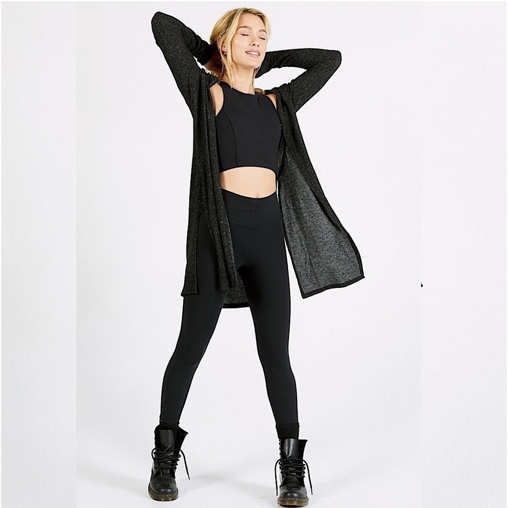 Joah‎ Brown Luna Side Slit Ribbed Cardigan Marble Hacci Heathered Black S/M